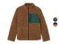Veste en polaire marron avec des détails verts et bleu foncé.