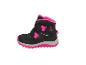 Bottes d'hiver imperméables noires et roses pour enfants avec fermetures velcro et flocon de neige.