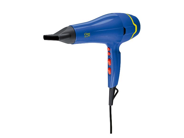 Sèche-cheveux bleu avec boutons rouges et accents jaunes, avec concentrateur.