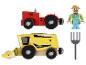 Un tracteur rouge, une moissonneuse-batteuse jaune et une figurine de fermier.