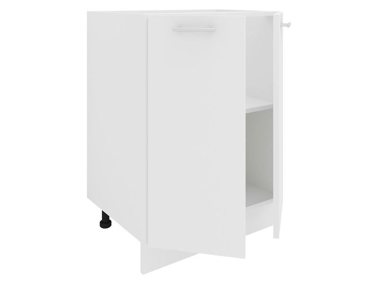 Une armoire de cuisine blanche avec une étagère ouverte et une porte.
