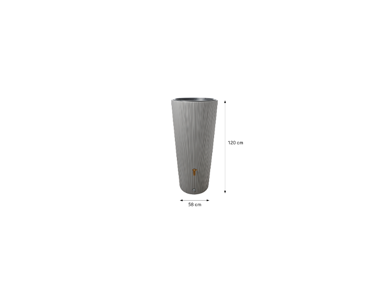 Récupérateur d'eau de pluie gris avec robinet, mesurant 120 cm de haut et 58 cm de large.