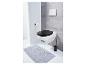 Toilette avec couvercle noir et tapis de bain gris.