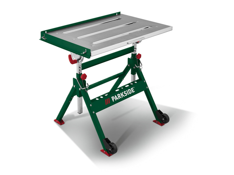Une table de travail verte avec des roulettes de Parkside.