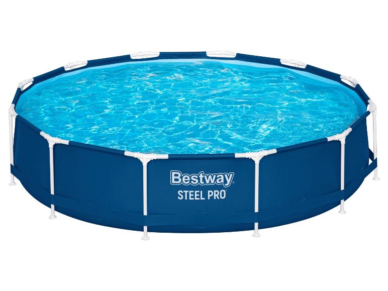 Piscine Bestway Steel Pro ronde, bleue, pleine d'eau.