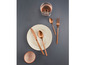 Une assiette, un couteau, une fourchette et une cuillère en couleur cuivre sur une table gris foncé
