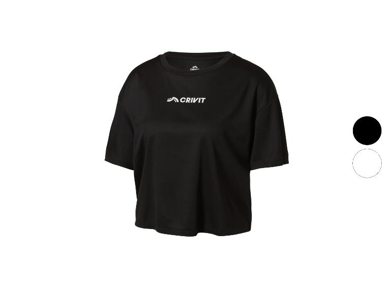 T-shirt de sport noir à manches courtes pour femme avec un logo blanc.