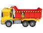 Un camion de jouet jaune avec une benne rouge basculante.
