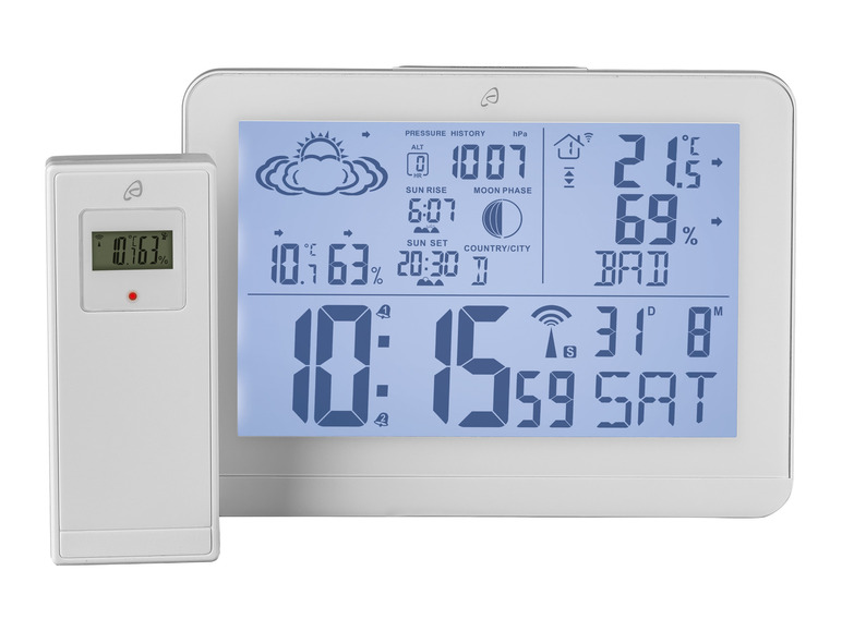 Horloge numérique avec station météo, affichant 10h15, 21,5 degrés Celsius et 69% d'humidité.