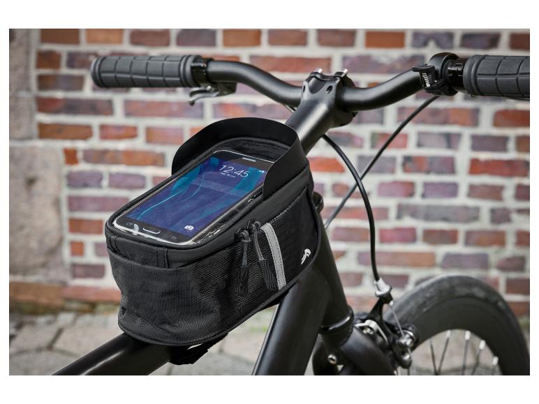 Une sacoche de vélo noire avec un smartphone dans une poche transparente, fixée au guidon du vélo.