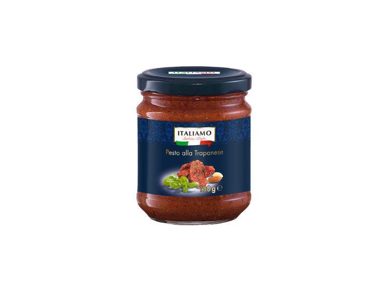Pot de pesto alla Trapanese avec basilic, tomates séchées et amandes, 180g.
