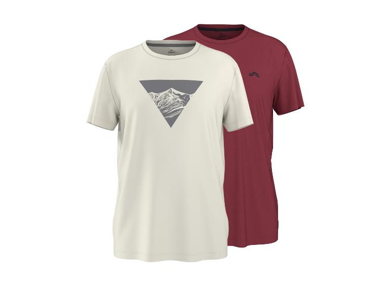 Deux t-shirts à manches courtes, un crème avec un imprimé montagne et un bordeaux.