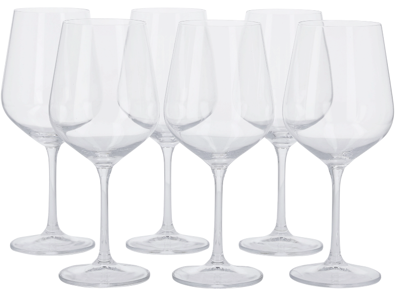 Six élégants verres à vin en verre transparent disposés sur deux rangées sur fond noir.