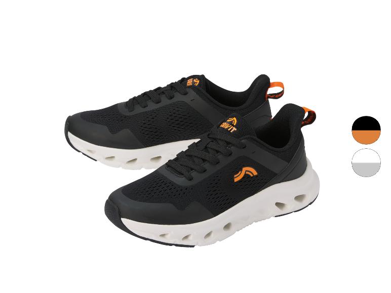 Chaussures de sport noires avec des détails orange et une semelle blanche, avec une option de couleur grise.