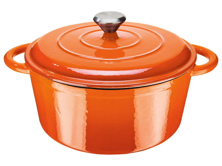 Cocotte en fonte orange avec couvercle.