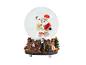 Boule à neige sur le thème de Noël avec le Père Noël, des ours polaires et des elfes sur une base en bois.