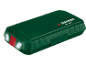 Batterie d'outil électrique vert foncé avec voyants de charge et bouton de déverrouillage rouge.