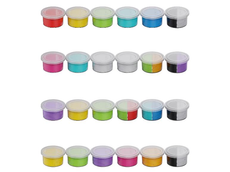 Bocaux de peinture de couleurs variées disposés en rangées.