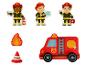 Figurines pompiers, camion de pompiers et accessoires en bois.