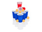 Des gobelets en plastique bleus et rouges avec des balles de ping-pong pour un jeu de beer pong.
