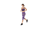 Femme courant en brassière de sport violette et legging capri imprimé camouflage.