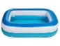 Piscine gonflable rectangulaire bleue et blanche pour enfants.