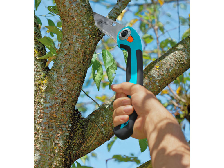 Une main utilisant une scie à élaguer pour couper une branche d'arbre.