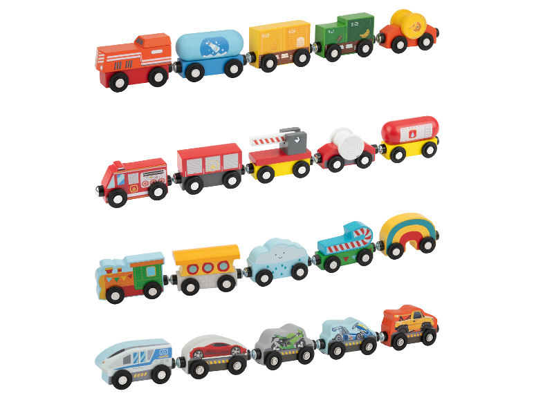 Ensemble de trains jouets en bois avec divers wagons et véhicules.