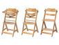 Trois chaises hautes en bois Safety 1st, dont une avec plateau.
