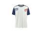 T-shirt de sport blanc avec manches bleues et motif rayé rouge et bleu sur la poitrine.