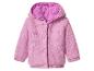 Veste bébé tricotée rose avec capuche et doublure en peluche violette