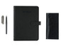 Un carnet noir, un stylo et un chiffon en microfibre.