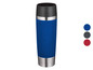 Une tasse isotherme bleue avec le texte 'Fresh Brewed Coffee'.