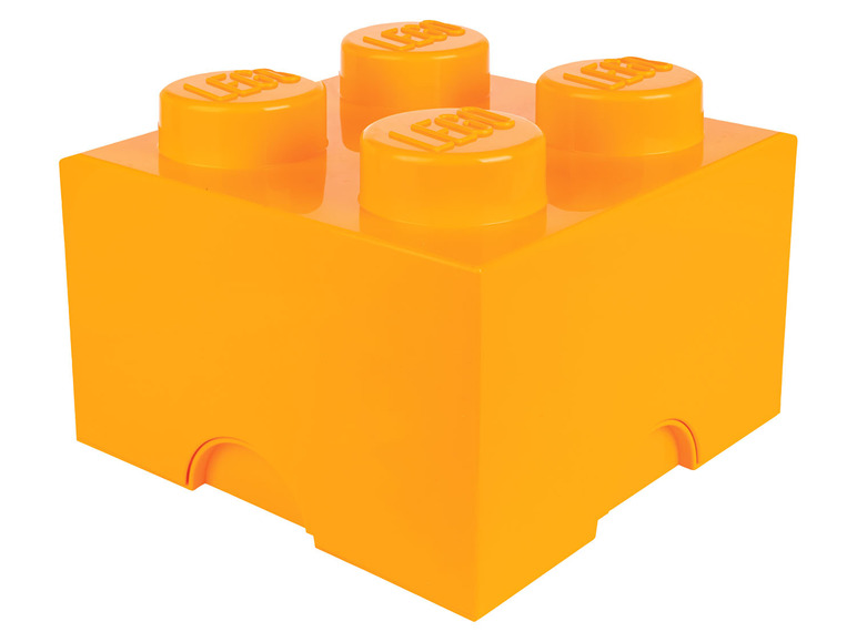Une boîte de rangement LEGO orange avec quatre boutons.