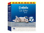 Boîte de litière agglomérante pour chats avec un chat et une pelle, mettant en avant les caractéristiques.