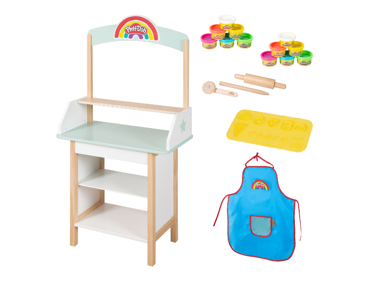 Ensemble de pâte à modeler Play-Doh avec stand en bois et accessoires.