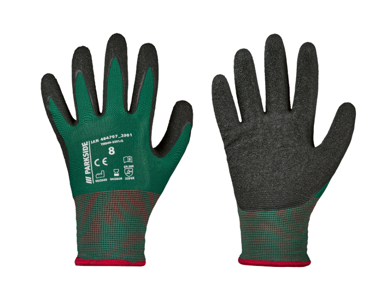 Gants de travail PARKSIDE, taille 8, vert et noir avec liseré rouge.