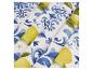 Tissus avec citrons et motifs bleus et blancs.