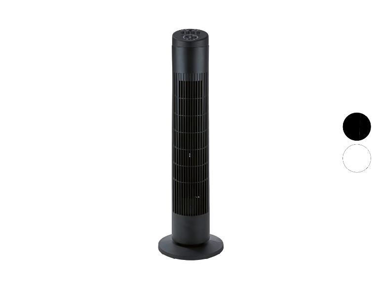 Ventilateur tour noir avec panneau de commande sur le dessus, sur fond blanc.