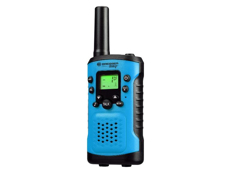 Talkie-walkie bleu pour enfants avec antenne noire et boutons.
