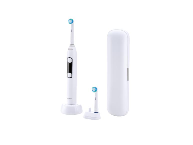 Deux brosses à dents électriques Nevodent, une base de chargement et un étui de voyage.