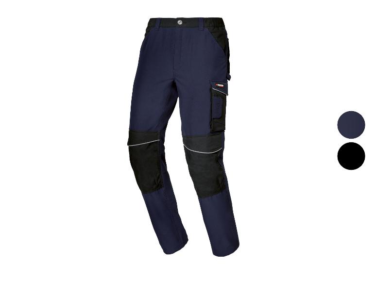 Pantalon de travail bleu avec détails noirs et poches latérales.