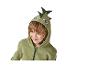 Enfant souriant dans un sweat à capuche vert avec des yeux et des épines de dinosaure.
