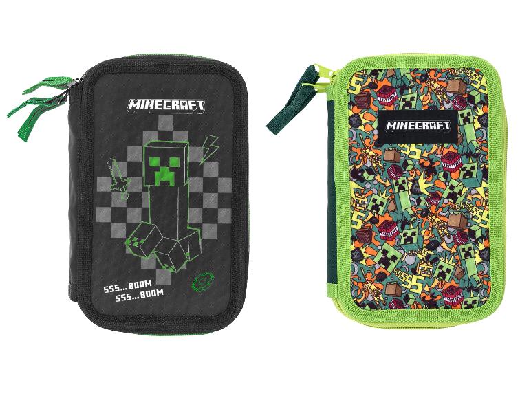 Deux trousses à crayons sur le thème du jeu, une noire avec un creeper, une colorée avec divers éléments de jeu.
