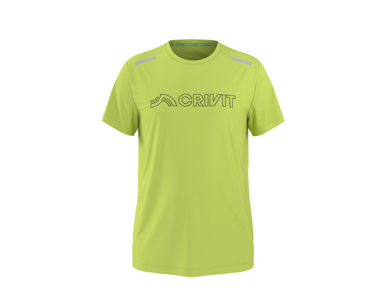 T-shirt de sport vert citron avec logo sur la poitrine et détails réfléchissants.