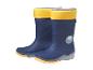 Paire de bottes de pluie bleues pour enfants avec revers jaunes et un nuage 'Happy Day'.