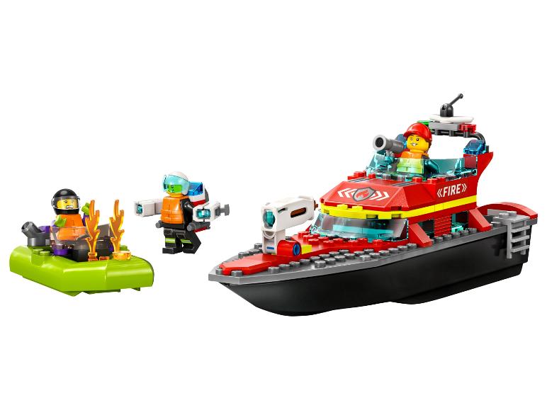 Bateau de sauvetage de pompiers jouet avec figurines, un radeau plus petit et des éléments de feu.