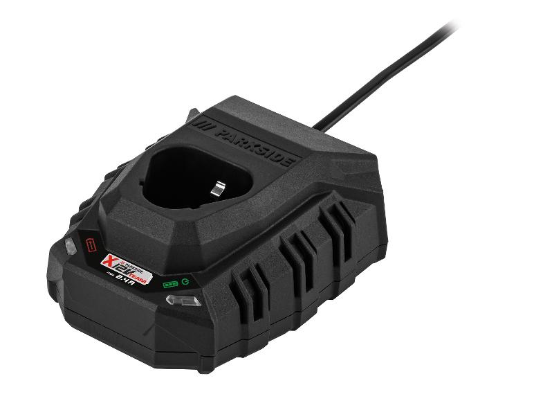 Chargeur de batterie noir Parkside X 12V Team avec câble et indicateurs de charge.