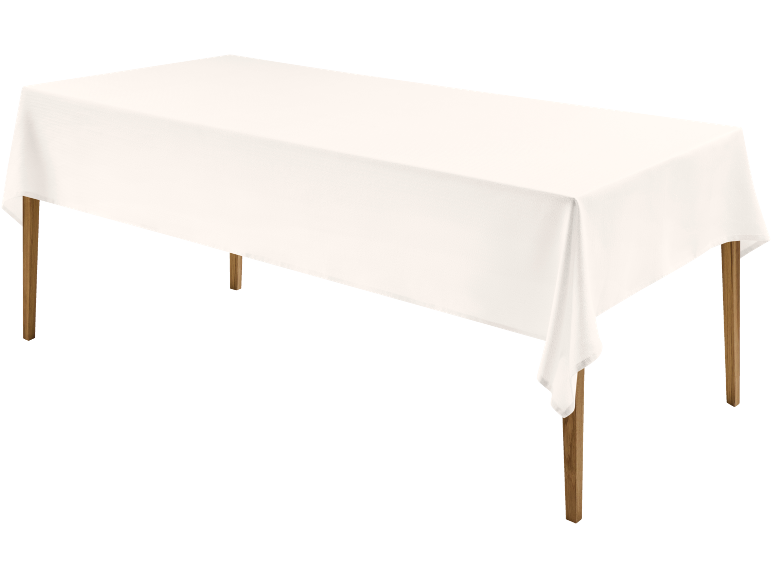 Une nappe blanche drapée sur une table en bois rectangulaire.