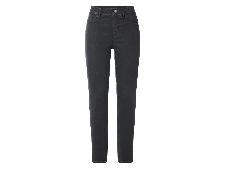Jean skinny taille haute gris foncé pour femme avec poches avant et fermeture boutonnée.